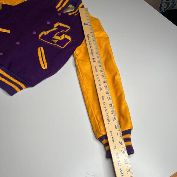 Vintage 80s Hunts Athletic Goods Varsity Letterman Jacket Purple Gold Wool Leath - Picture 4 of 12